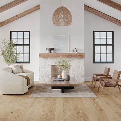 light toned hardwood flooring in Scandinavian-inspired living room